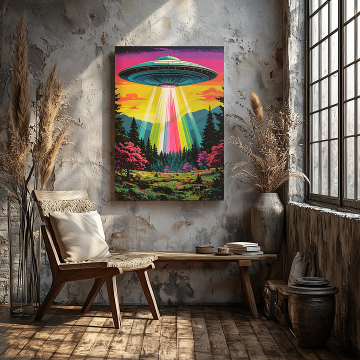 Psychedelic UFO Encounter Canvas – Neon Lights & Surreal Forest Art - Gifitto