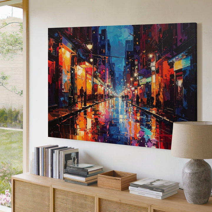 Neon Rain City Canvas – Abstract Urban Nightlife Wall Art - Gifitto