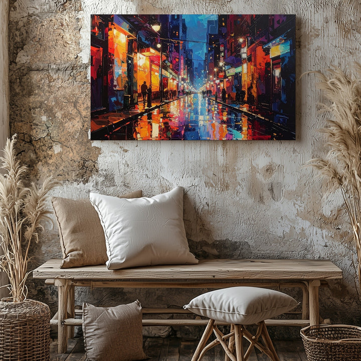Neon Rain City Canvas – Abstract Urban Nightlife Wall Art - Gifitto
