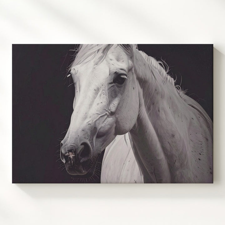 White Silence Canvas – Minimalist Portrait of a Noble Horse - Gifitto