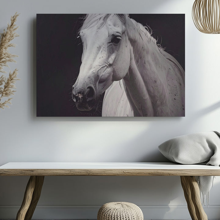 White Silence Canvas – Minimalist Portrait of a Noble Horse - Gifitto