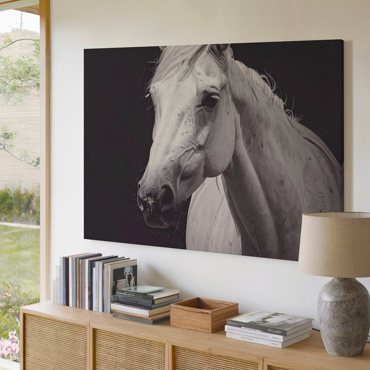 White Silence Canvas – Minimalist Portrait of a Noble Horse - Gifitto