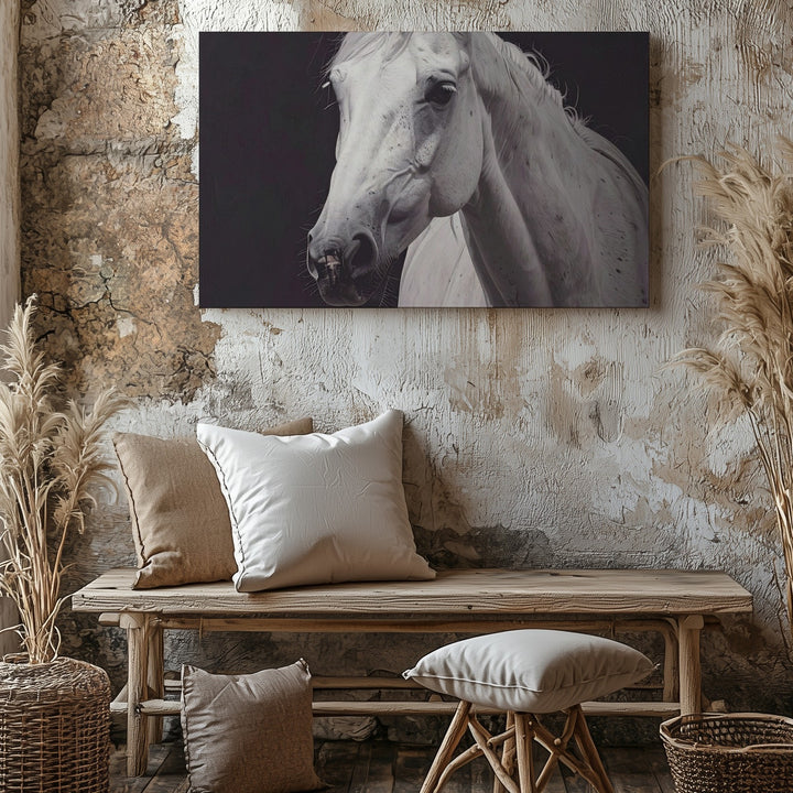 White Silence Canvas – Minimalist Portrait of a Noble Horse - Gifitto