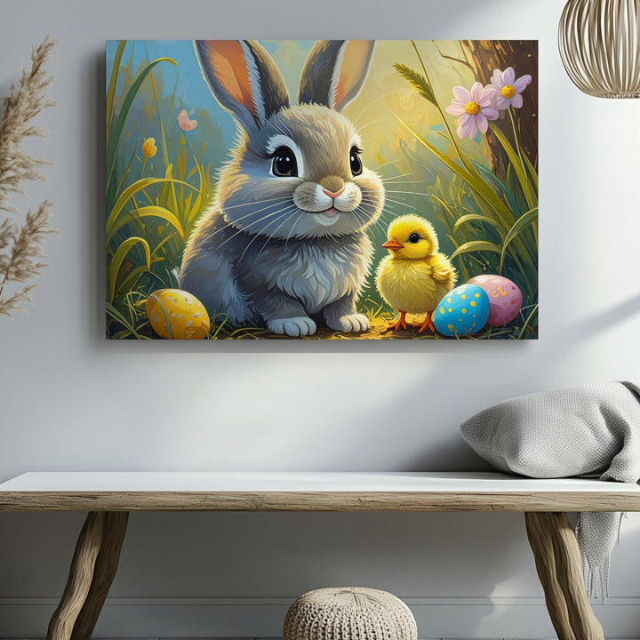 Easter Rabbit & Chick Canvas – Joyful Springtime Wall Art - Gifitto