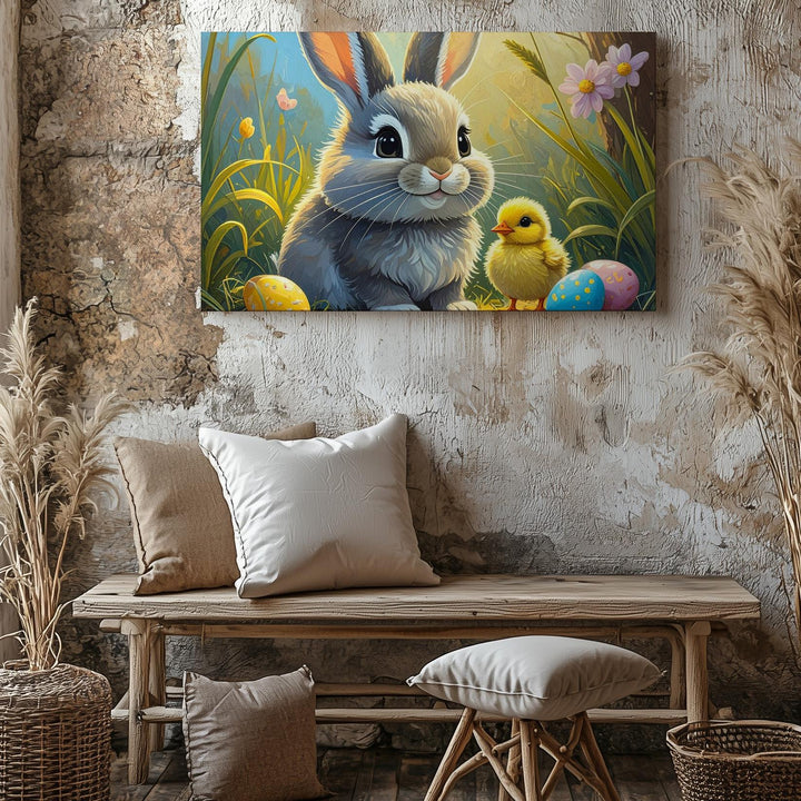 Easter Rabbit & Chick Canvas – Joyful Springtime Wall Art - Gifitto