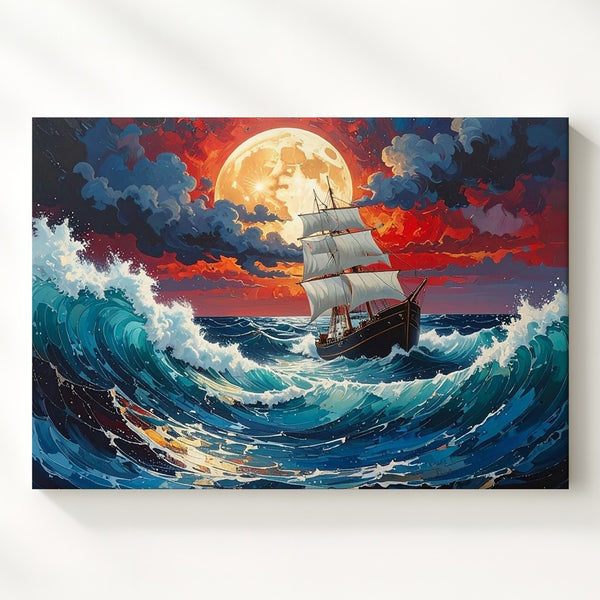 Red Storm Sailing Canvas – Epic Ocean Fantasy with Moonlit Waves - Gifitto