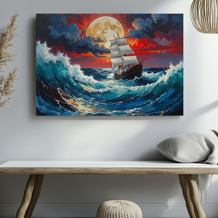 Red Storm Sailing Canvas – Epic Ocean Fantasy with Moonlit Waves - Gifitto