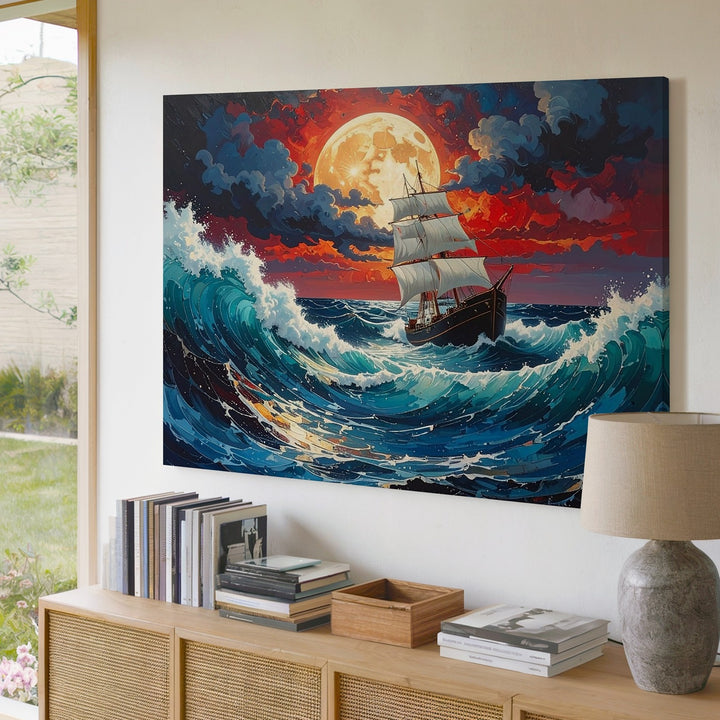 Red Storm Sailing Canvas – Epic Ocean Fantasy with Moonlit Waves - Gifitto