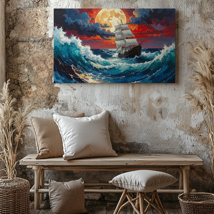 Red Storm Sailing Canvas – Epic Ocean Fantasy with Moonlit Waves - Gifitto