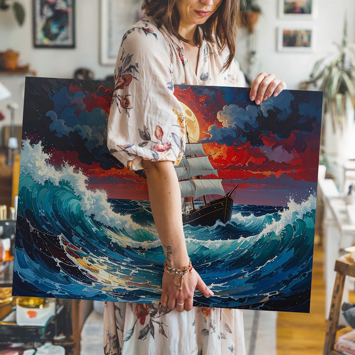 Red Storm Sailing Canvas – Epic Ocean Fantasy with Moonlit Waves - Gifitto