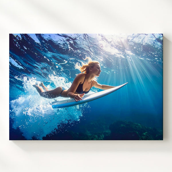 Beneath the Surface Canvas – Underwater Surfer in Motion