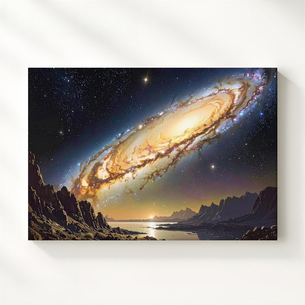 Edge-On Galaxy Reflection Canvas – Golden Spiral Over Alien Mountain Lake - Gifitto