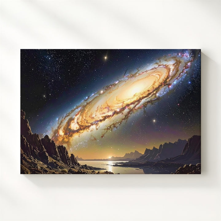 Edge-On Galaxy Reflection Canvas – Golden Spiral Over Alien Mountain Lake - Gifitto