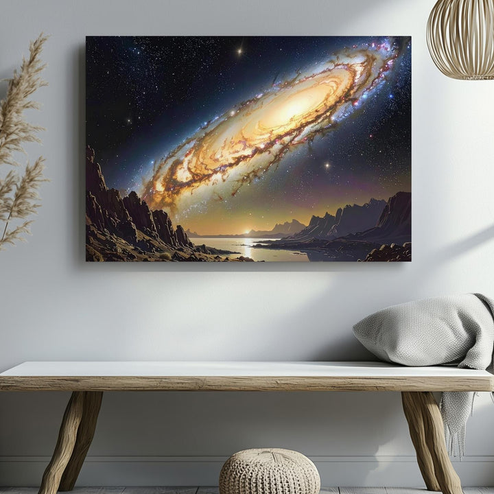 Edge-On Galaxy Reflection Canvas – Golden Spiral Over Alien Mountain Lake - Gifitto
