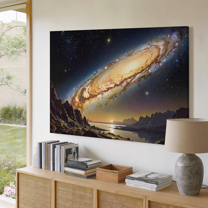 Edge-On Galaxy Reflection Canvas – Golden Spiral Over Alien Mountain Lake - Gifitto