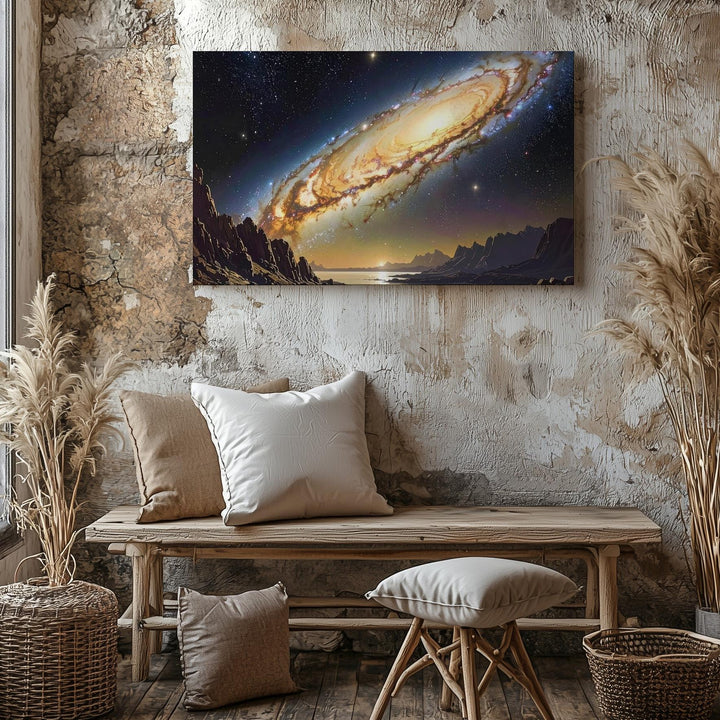 Edge-On Galaxy Reflection Canvas – Golden Spiral Over Alien Mountain Lake - Gifitto
