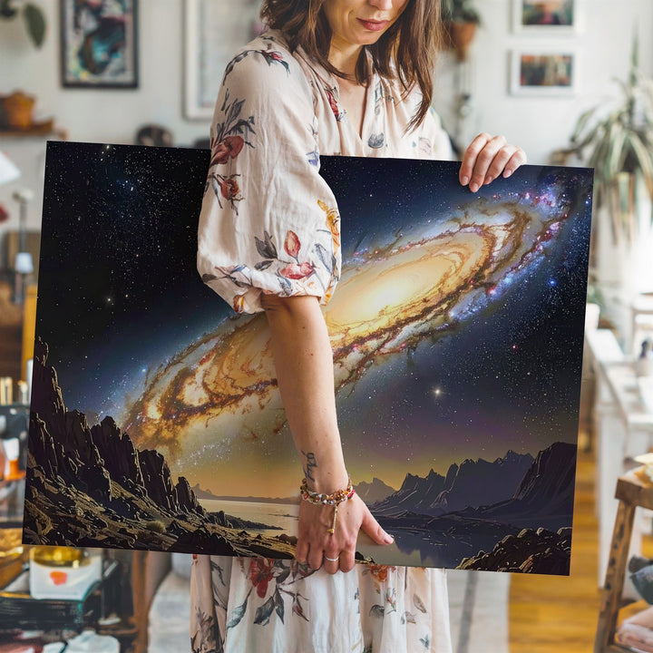 Edge-On Galaxy Reflection Canvas – Golden Spiral Over Alien Mountain Lake - Gifitto
