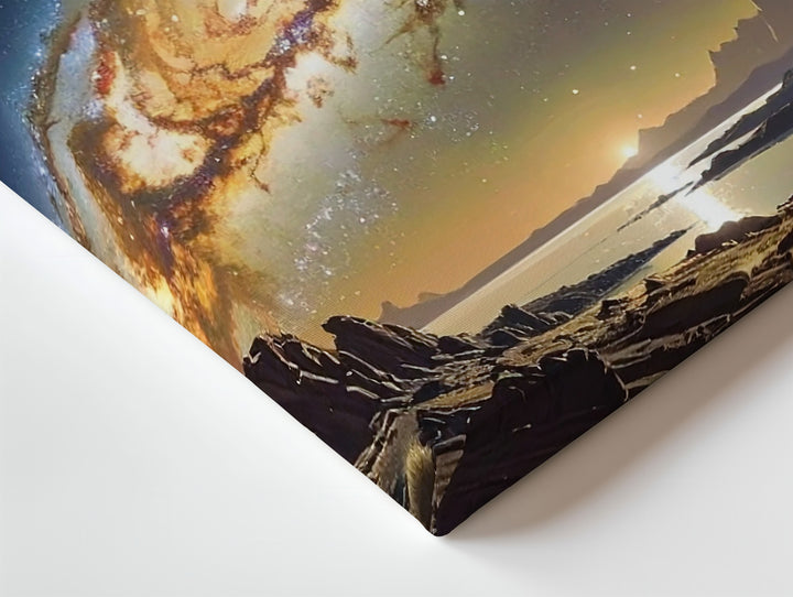 Edge-On Galaxy Reflection Canvas – Golden Spiral Over Alien Mountain Lake - Gifitto