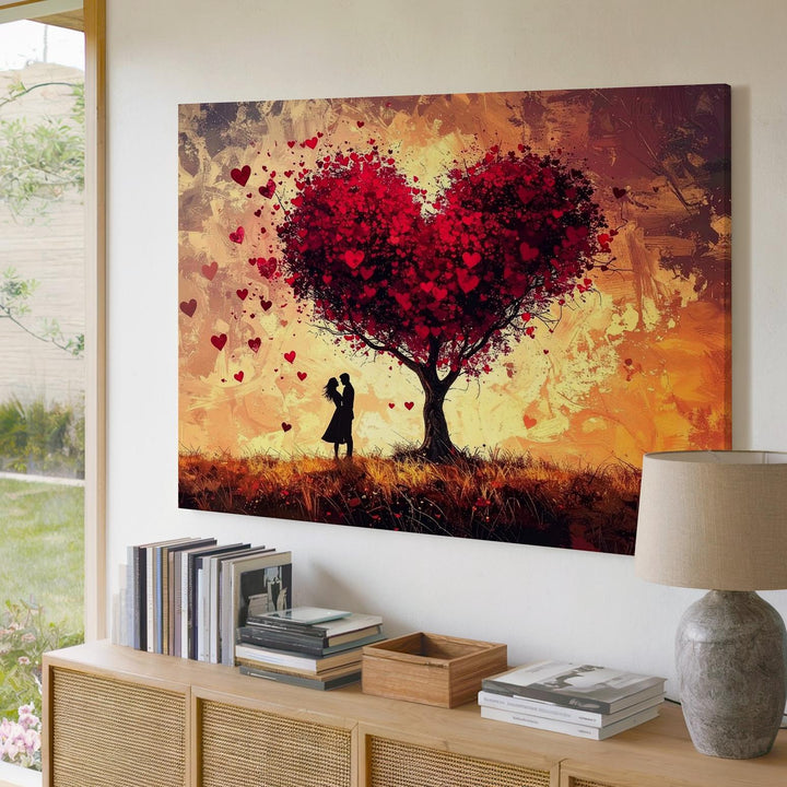 Romantic Heart Tree Canvas – Sunset Silhouette Love Scene - Gifitto