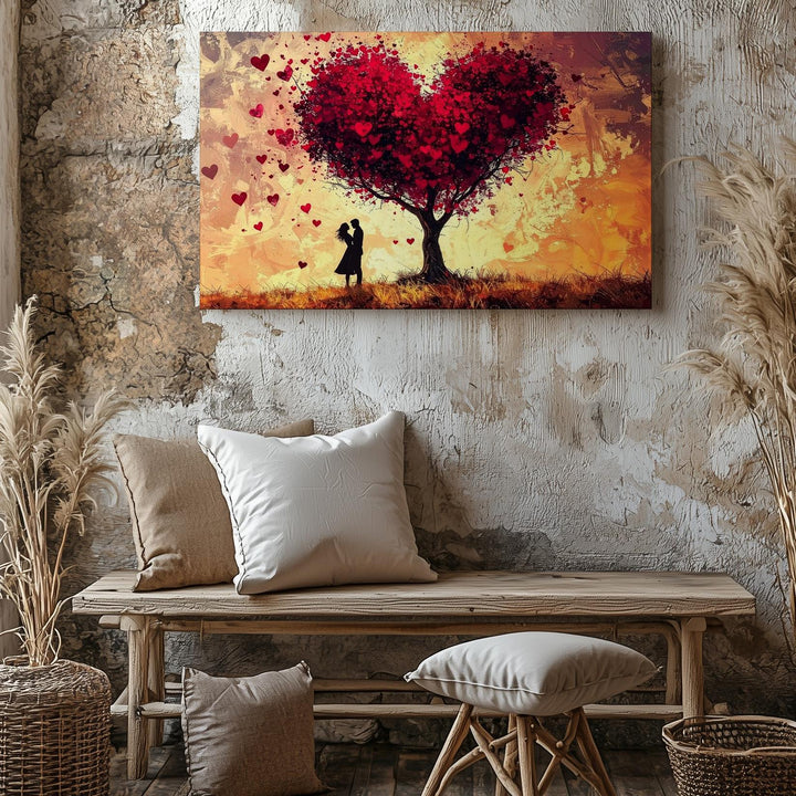 Romantic Heart Tree Canvas – Sunset Silhouette Love Scene - Gifitto