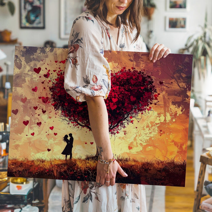 Romantic Heart Tree Canvas – Sunset Silhouette Love Scene - Gifitto