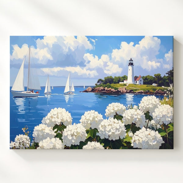 Seaside Hydrangea & Sailboats Canvas – Coastal Lighthouse Wall Art - Gifitto