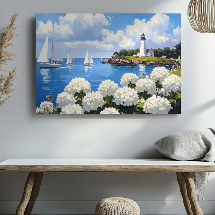 Seaside Hydrangea & Sailboats Canvas – Coastal Lighthouse Wall Art - Gifitto