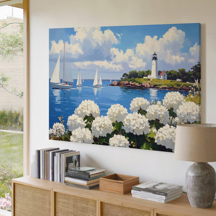 Seaside Hydrangea & Sailboats Canvas – Coastal Lighthouse Wall Art - Gifitto