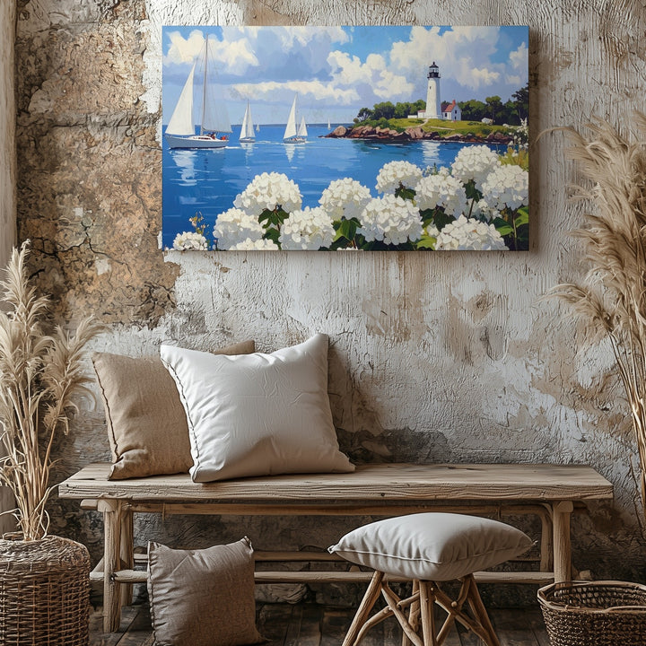 Seaside Hydrangea & Sailboats Canvas – Coastal Lighthouse Wall Art - Gifitto