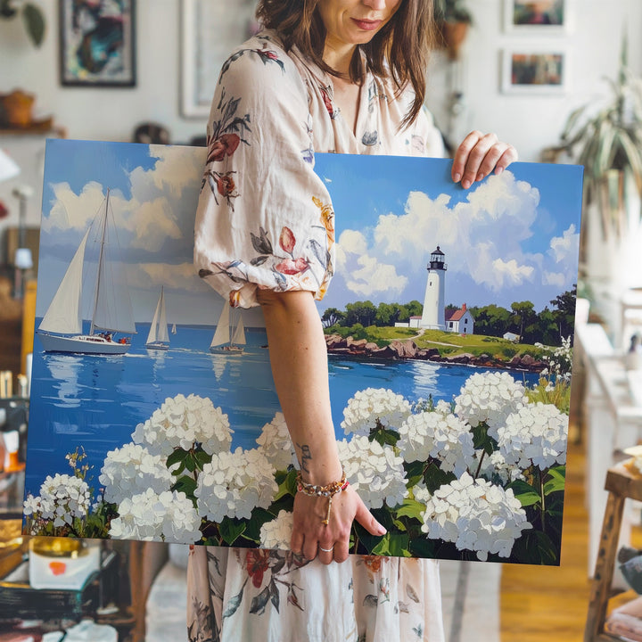 Seaside Hydrangea & Sailboats Canvas – Coastal Lighthouse Wall Art - Gifitto