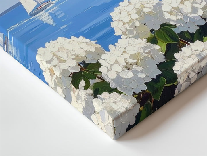 Seaside Hydrangea & Sailboats Canvas – Coastal Lighthouse Wall Art - Gifitto
