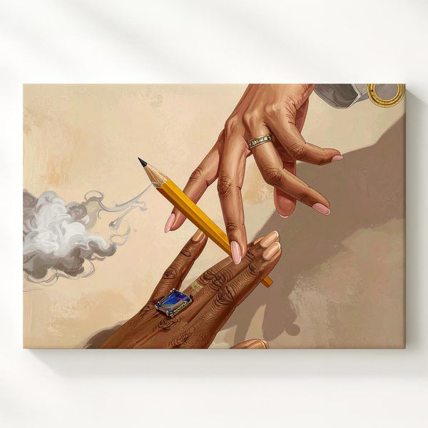 Creative Duel Canvas – Surreal Hands with Pencils in Symbolic Mid-Air Tension - Gifitto