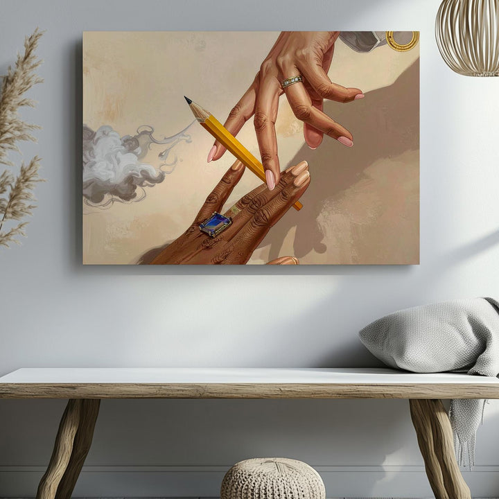 Creative Duel Canvas – Surreal Hands with Pencils in Symbolic Mid-Air Tension - Gifitto