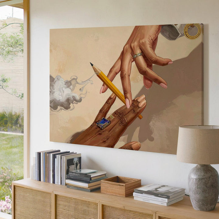 Creative Duel Canvas – Surreal Hands with Pencils in Symbolic Mid-Air Tension - Gifitto
