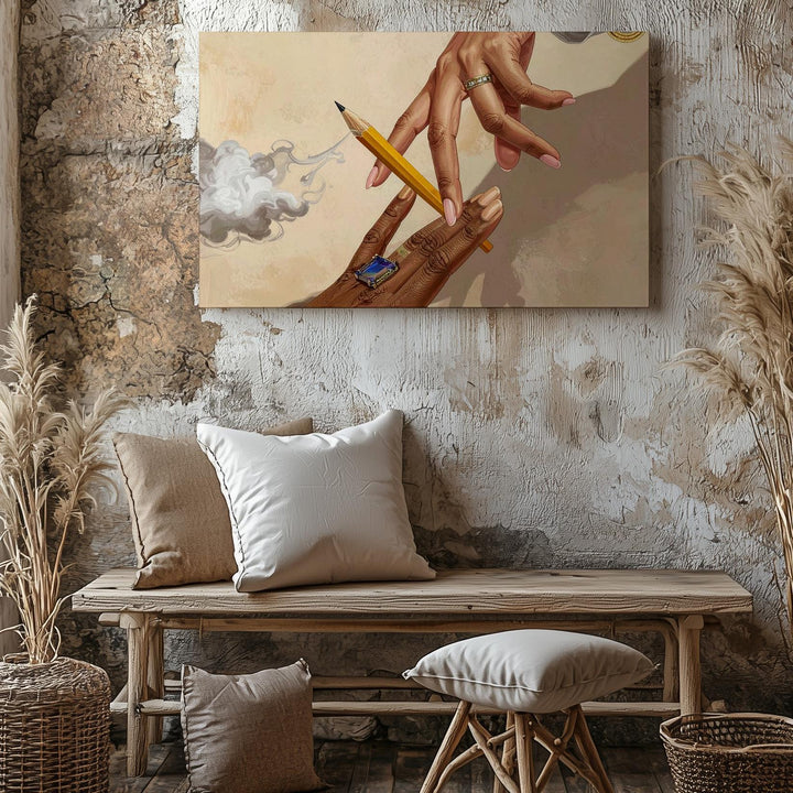 Creative Duel Canvas – Surreal Hands with Pencils in Symbolic Mid-Air Tension - Gifitto