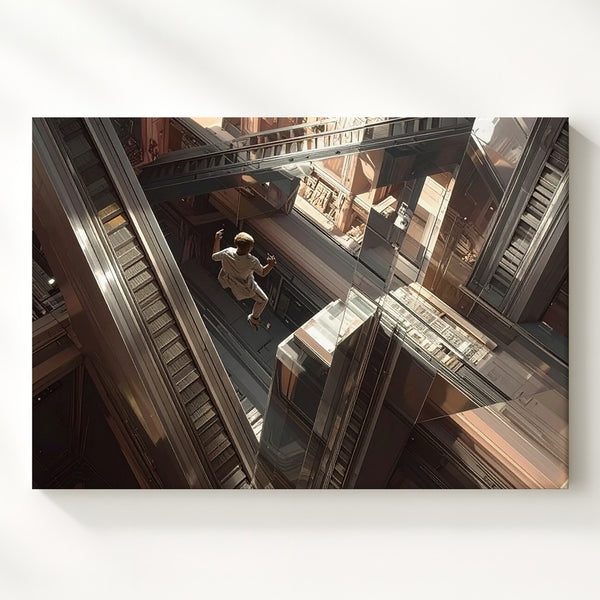Falling Through Illusion Canvas – Surreal Escalator Labyrinth Wall Art - Gifitto