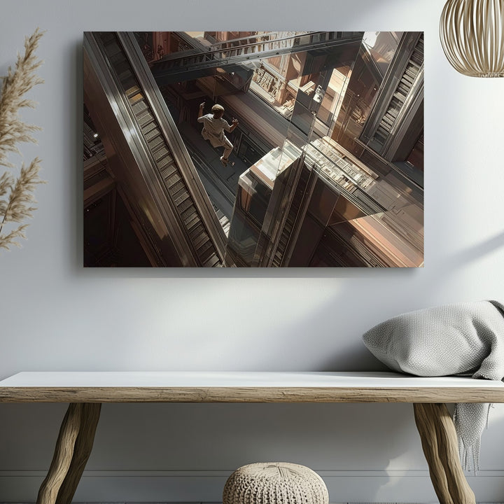 Falling Through Illusion Canvas – Surreal Escalator Labyrinth Wall Art - Gifitto