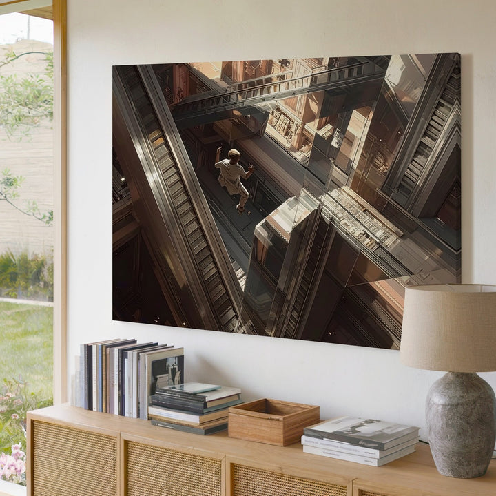 Falling Through Illusion Canvas – Surreal Escalator Labyrinth Wall Art - Gifitto