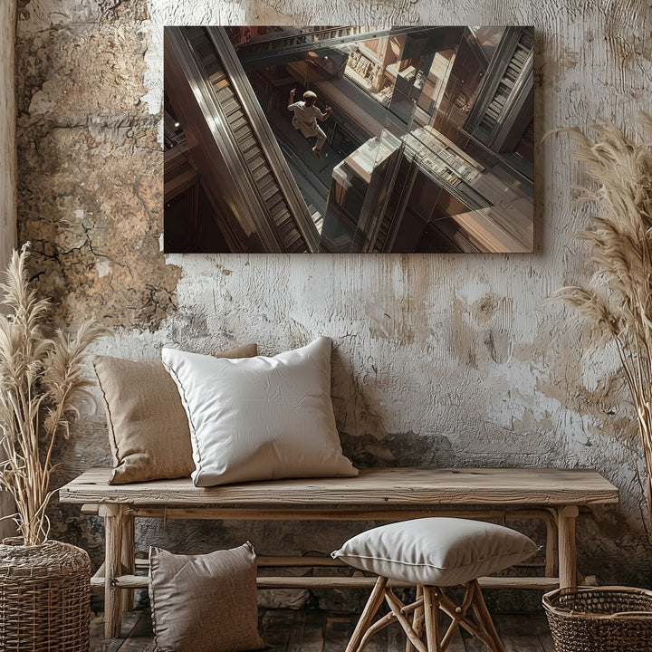 Falling Through Illusion Canvas – Surreal Escalator Labyrinth Wall Art - Gifitto