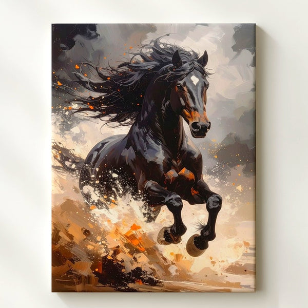 Mythic Fury Canvas – Galloping Black Horse in Dust and Flame - Gifitto