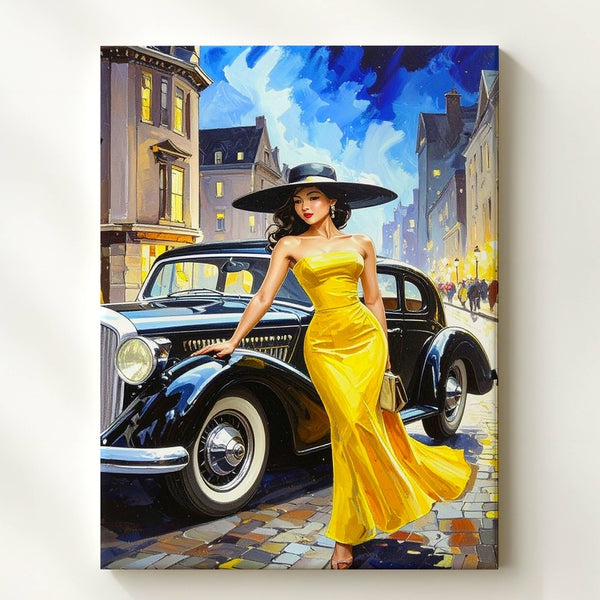 Midnight Elegance Canvas – Vintage Luxury Car & Woman in Yellow Dress - Gifitto