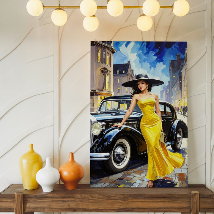 Midnight Elegance Canvas – Vintage Luxury Car & Woman in Yellow Dress - Gifitto