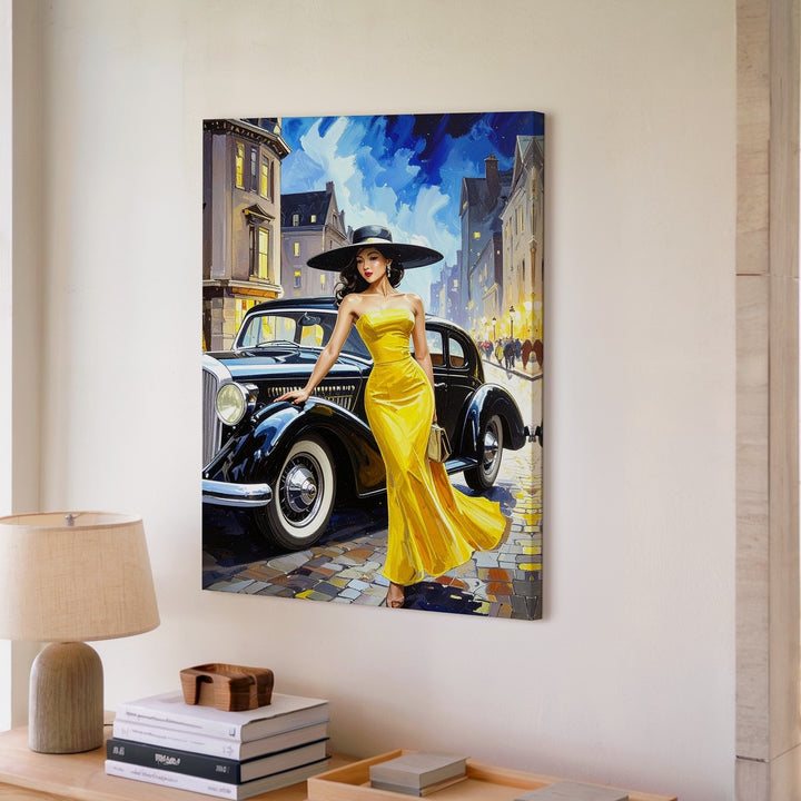Midnight Elegance Canvas – Vintage Luxury Car & Woman in Yellow Dress - Gifitto