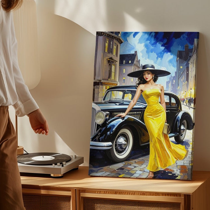 Midnight Elegance Canvas – Vintage Luxury Car & Woman in Yellow Dress - Gifitto