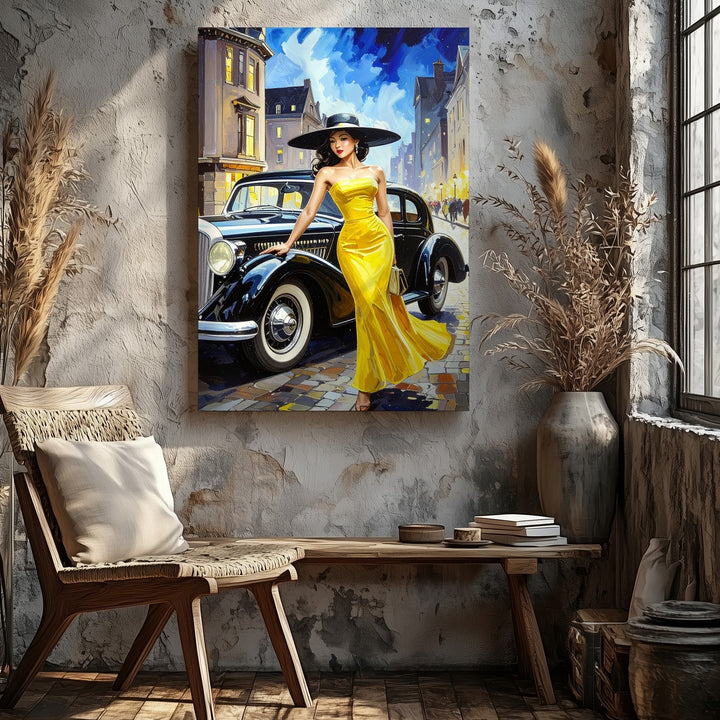 Midnight Elegance Canvas – Vintage Luxury Car & Woman in Yellow Dress - Gifitto
