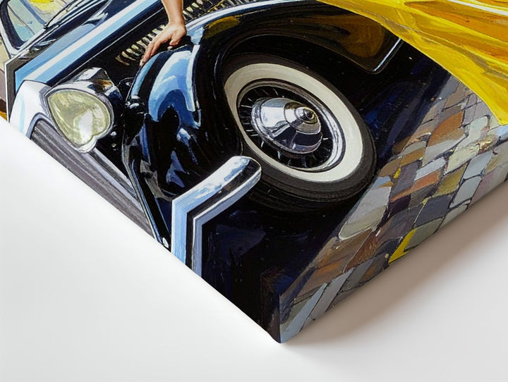 Midnight Elegance Canvas – Vintage Luxury Car & Woman in Yellow Dress - Gifitto