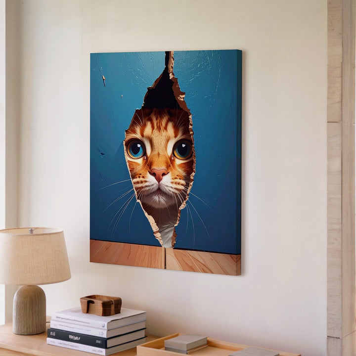 Curious Tabby Peeking Through Wall Canvas – Hyper-Realistic Cat Illusion Art - Gifitto