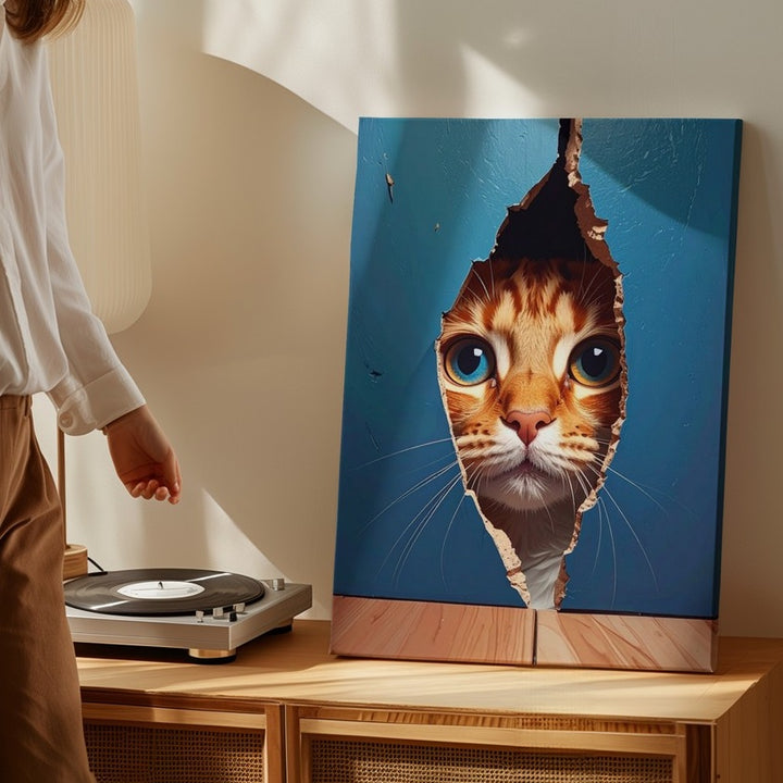 Curious Tabby Peeking Through Wall Canvas – Hyper-Realistic Cat Illusion Art - Gifitto