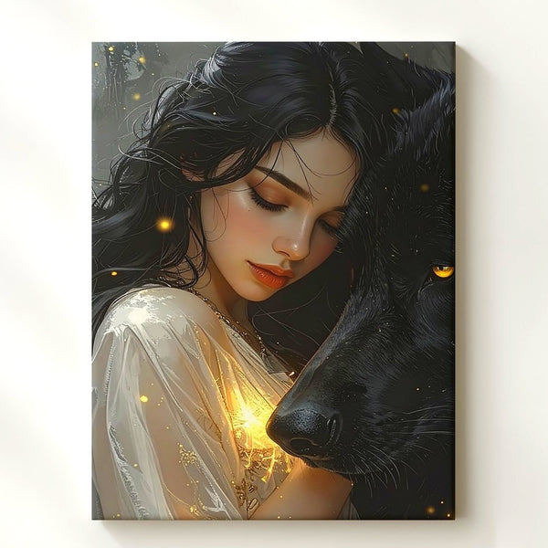 Wolf Whisperer Canvas – Mystical Woman and Black Wolf Bond Wall Art - Gifitto