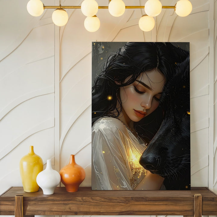 Wolf Whisperer Canvas – Mystical Woman and Black Wolf Bond Wall Art - Gifitto
